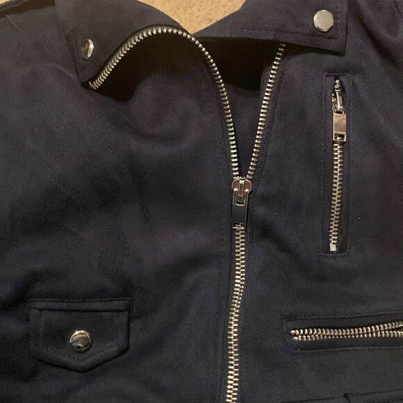 EUC Zara Womens Navy Blue Suede Effect Biker Jacket (No Belt) - Picture 4 of 4